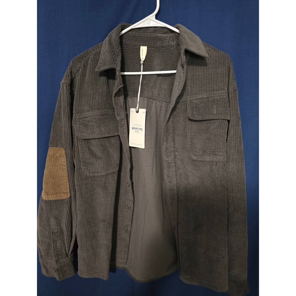 Original Style Brand Mens Corduroy Button Down Shirt Gray Elbow Patches Large